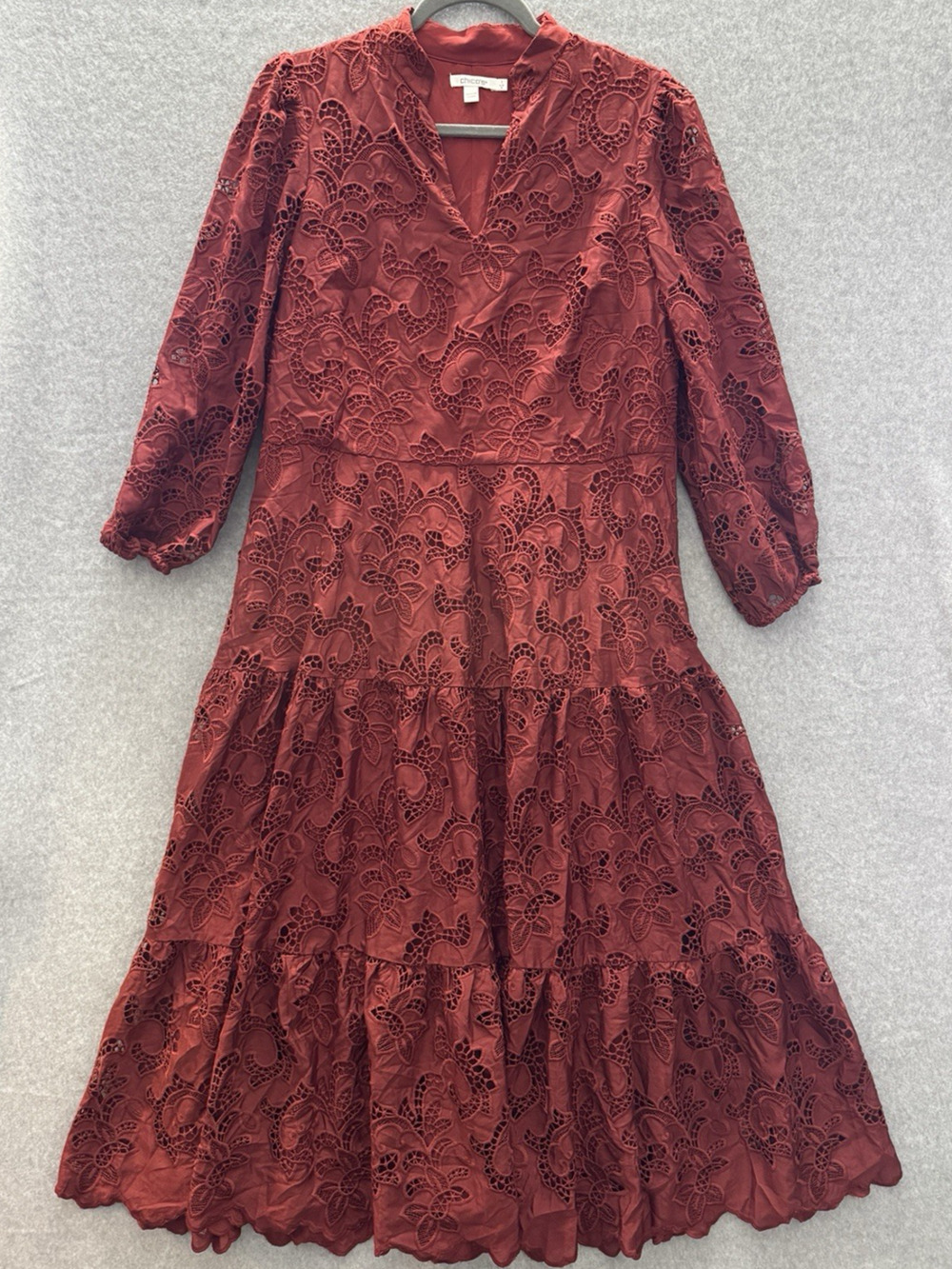 Chico's Lace Tiered Maxi Dress Sz US 8 Rust Brown Feminine Coquette Fall Pretty